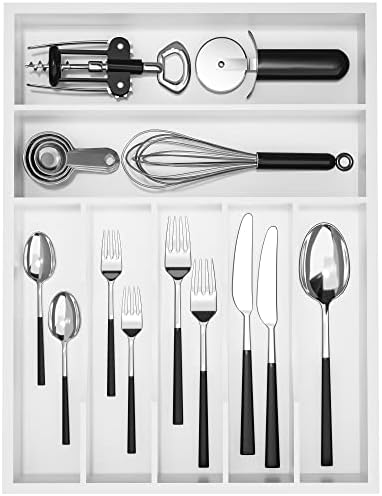 Utensil Organizer Silverware Drawer Organizer - 7 Slots Bamboo Cutlery Organizer Multi-Purpose Silverware Divider for Kitchen Flatware, Hair Accessories, Repair Tools, Art Set W13”x L17” (White) by WUSHIZHUHUN