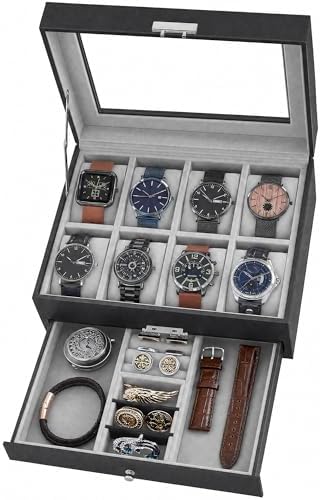 SONGMICS HOME Watch Box, PU Watch Case Organizer with Glass Lid, Removable Pillows, Metal Hardware, Lockable, 8 Slots, Black and Gray by SONGMICSHOME