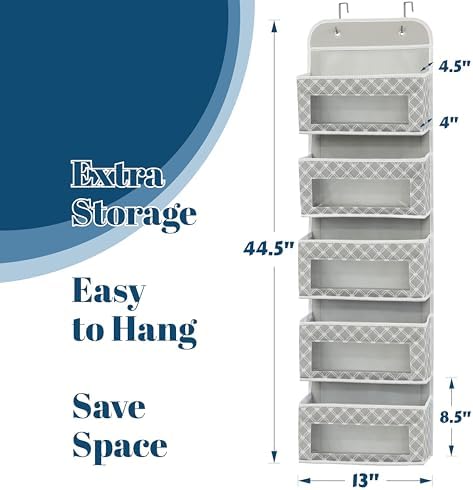 Simple Houseware 5 Clear Window Pocket Over Door Hanging Organizer, Gray - Image 2