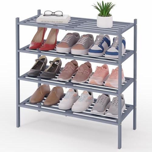 Smiry Bamboo Shoe Rack, 5 Horizontal Slats, 4 Tier - 26.8" Wide, Grey by Smiry