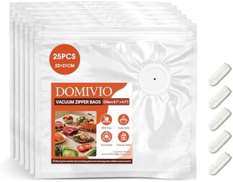 Reusable Vacuum Sealer Bags for Food, 25 Pack Small (8.7"x8.3"), BPA-Free Vacuum Zipper Bags for Food Storage, Freezer & Sous Vide Cooking, BPA-Free, Compatible with Food Saver Vacuum Sealers by DOMIVIO