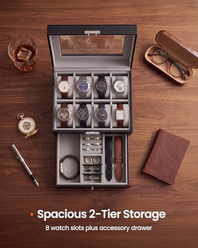 SONGMICS HOME Watch Box, PU Watch Case Organizer with Glass Lid, Removable Pillows, Metal Hardware, Lockable, 8 Slots, Black and Gray - Image 4