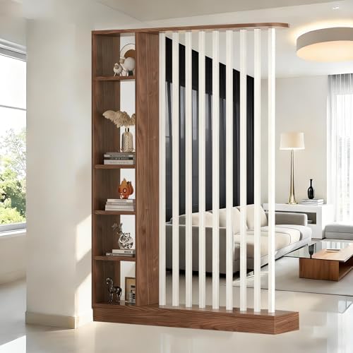 Wall Room Divider with Shelves Freestanding Room Divider with Storage Shelf Entrance Hall Partition Screen Column Floor to Ceiling Screen Column Floor to Ceiling,Walnut+White,L47 xW9 xH79 by ZLGONRL