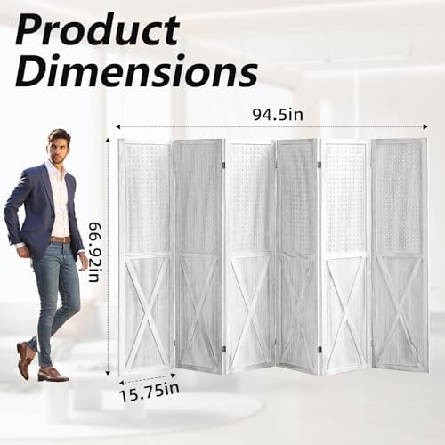 Pegboard Room Divider, 6 Panel Pegboard Display Wooden Room Divider Panel, Room Partitions and Dividers with 24 Hooks for Bedroom, Shop, Jewelry Display, White - Image 5