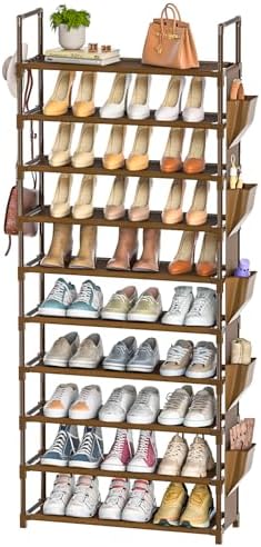 LUKYTOWER Tall Shoe Rack 10 Tier Organizer 30-35 Pairs with Hooks by LUKYTOWER