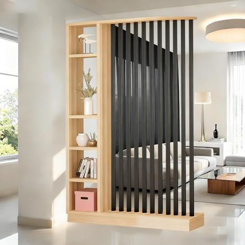 Wall Room Divider with Shelves Freestanding Room Divider with Storage Shelf Entrance Hall Partition Screen Column Floor to Ceiling Screen Column Floor to Ceiling,Natural+Black,L55 xW9 xH79 by ZLGONRL