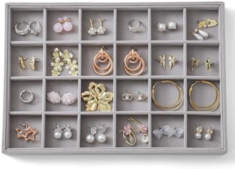 Large Jewelry Organizer for Drawer Insert Velvet Stackable Jewelry Trays for Earring Necklace Bracelet Ring Display (Gray, 24 Grids) by Unknown