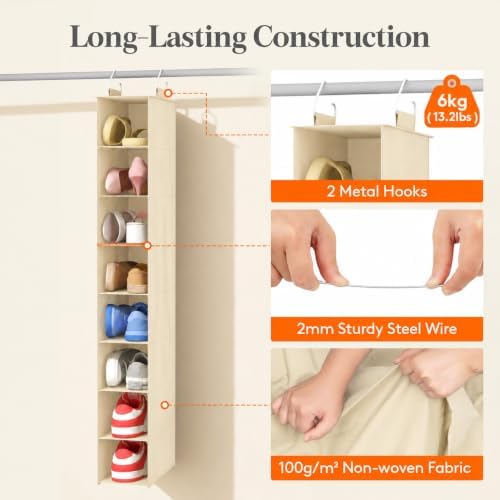 Lifewit 8 Section Hanging Shoe Storage Organizer for Closet Foldable, Beige - Image 3