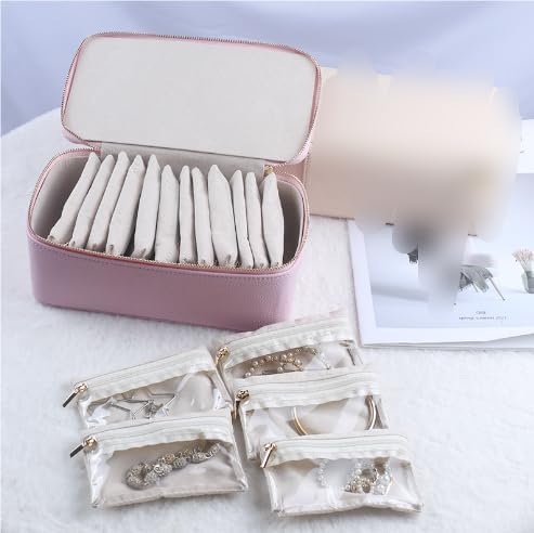 NCONCO Travel Jewelry Box, Portable PU Leather Travel Jewelry Organizer with 12pcs Velvet Bags Compact & Lightweight Travel Jewelry Case for Necklaces Rings Earrings Sorting Storage