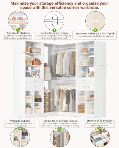 Besiost Closet System with 4 Drawers, 53.5" * 53.5"/ 31.5"*75.5" Closet Organizer System with Corner Tower, L Shaped Walk-in Closet System, Corner Closet System with Shelves, Set of 3, White - Image 3