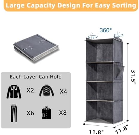 2 Packs Hanging Closet Organizer, 4-Shelf Closet Organizers and Storage with Side Pockets, Collapsible Hanging Shelves for Closet & RV & College Dorm,Grey - Image 2