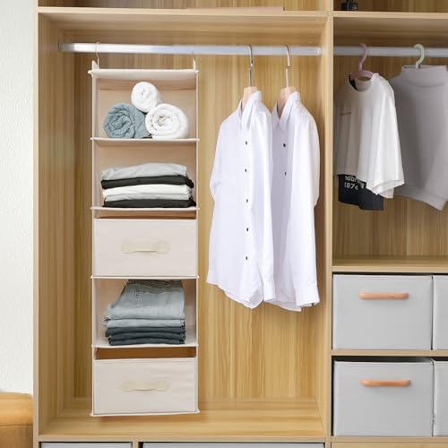 Large Hanging Sweater Organizer for Closet,Collapsible 6-Shelf Hanging Closet Shelves with Drawers, Washable (Beige -5 Shelf-2 d) - Image 3