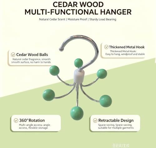 1 Pack 360° Swivel Hoodie Hangers with 6 Cedar Balls,Closet Organizer-Green - Image 3