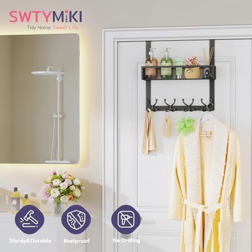 SWTYMIKI Over The Door Hook with 16 Hooks & Mesh Baskets - Heavy Duty Over The Door Organizer Hanger for Towels, Coats, Clothes - Space Saving Hanging Rack for Bathroom, Living Room, Black - Image 3