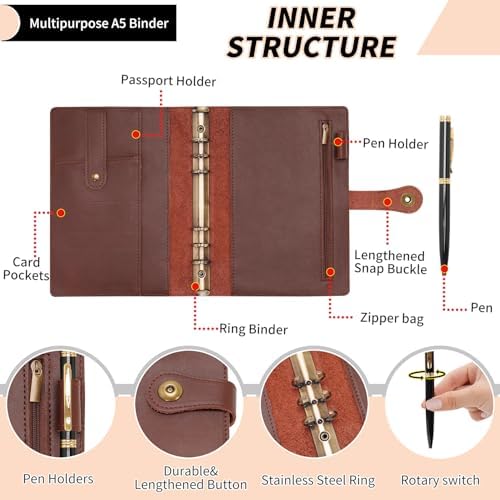 Wonderpool A5 Binder Journal Leather Spiral Notebook Refillable College Ruled Paper, Budget Binder Rings Diary Organizer with Pen for Office School Travel Business Planning Writing (Coffee,A5) - Image 5
