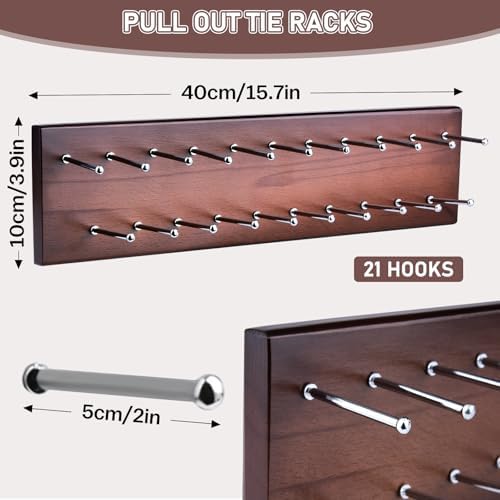Tie Rack Wall Mounted, Wood Belt Rack for Closet with 21 Chrome Hooks - Image 2