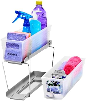 madesmart Mini 2-Tier Organizer, Multi-Purpose Slide-Out Storage with Handles and Dividers for Home and Bath, Frost - Image 2