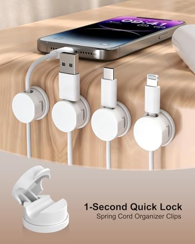 OneLeaf 12 Pack Spring Cable Clips for Phone Charger, One-Hand Cord Holder for Nightstand & Desk, Rotatable Desk Cable Management with Strong Adhesive, White - Image 2