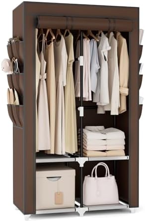 VTRIN Portable Closet Wardrobe for Hanging Clothes with 4 Storage Shelves, 2 Hanging Rods and 6 Pockets, Stable and Easy Assembly Clothes Rack with Cover Free Standing Closet, Brown by VTRIN