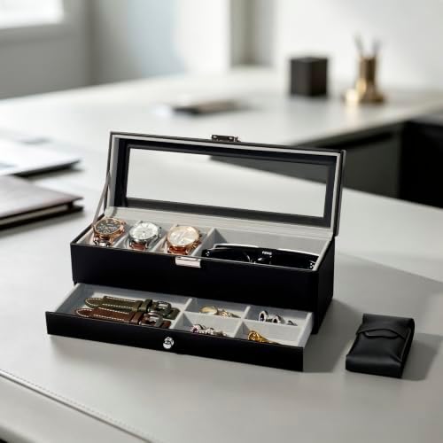Watch and Sunglasses Box, 3 Slots, Glass Lid and Drawer for Men - Image 2