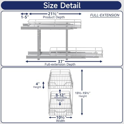 2-Tier Pull Out Cabinet Organizer, 10.5" W x 21.5" D, Heavy Duty Dual Slide Out Shelves for Narrow Base Cabinets, Chrome Wire Basket Drawer for Spices, Bottles & Snacks - Image 2
