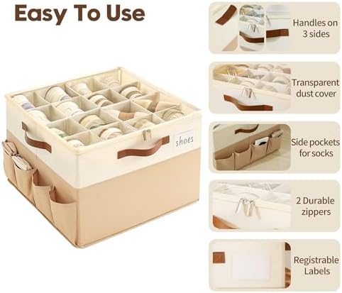 Varhomax Shoe Organizer Box 2 Pack for Closet, Fabric Shoe Storage Bin with Adjustable Dividers & Clear Cover, Holds up 16-32 Pairs of Sneakers & Sandals for Entryway, Cubby - Image 6