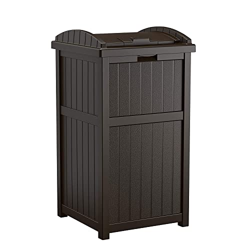 Suncast 5 Pack 33 Gallon Durable Plastic Hideaway Outdoor Garbage Can with Secure Lid & Wicker Design for Home Backyards, Decks, or Patios, Java Brown