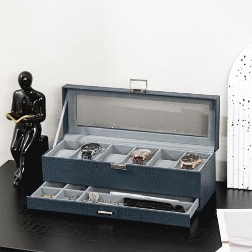 ProCase Watch Box, 6 Slot Watch Display Case with Drawer -CrocCobaltBlue - Image 5