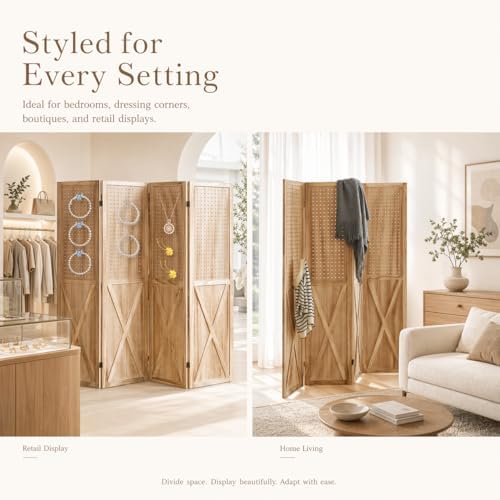 4 Panel Wood Pegboard Room Divider Folding Privacy Screen Light Brown - Image 4