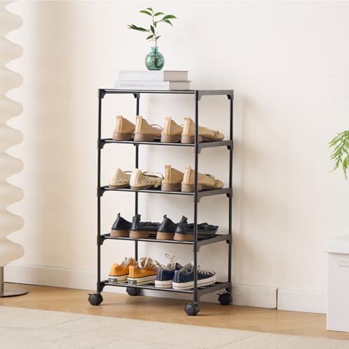 5-Tier Small Shoe Rack with Wheels, Slide-Out Metal Shoe Racks Storage, Anti-Rust Coating, Stackable Design - 16.9W for Entryway, Kitchen, Living Room & Office - Black - Image 2