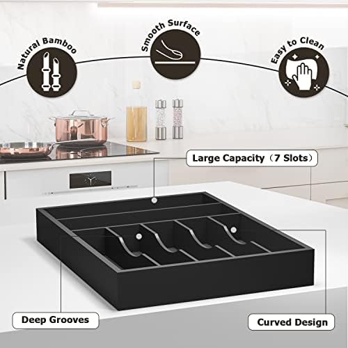Utensil Organizer Silverware Drawer Organizer - 7 Slots Bamboo Silverware Tray For Kitchen Cutlery Office Supplies Makeup Desk Storage Garage Tool Organization W13”x L17” (Black) - Image 2