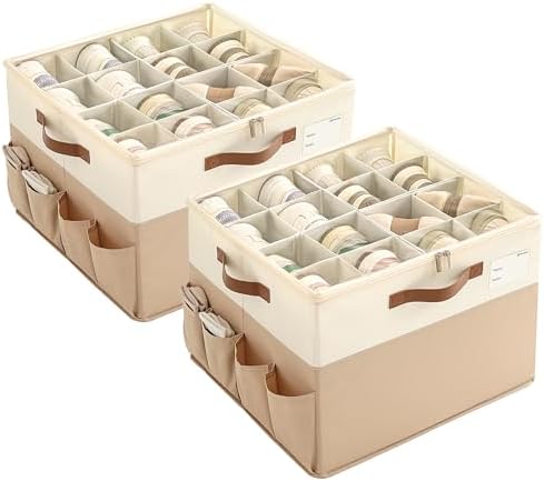Varhomax Shoe Organizer Box 2 Pack for Closet, Fabric Shoe Storage Bin with Adjustable Dividers & Clear Cover, Holds up 16-32 Pairs of Sneakers & Sandals for Entryway, Cubby by Varhomax