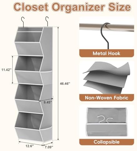 Hanging Closet Organizer 4 Shelf Collapsible Bedroom Closet Organizers and Storage Hanging with Mesh Pockets for Clothes, Fabric Hanging Storage Bins for Wardrobe Closet Organization and Storage, Grey - Image 3