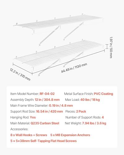 VEVOR Wire Shelf Kit, 4 ft, Set of 2, Wall Mounted Wire Shelves, Heavy-Duty Carbon Steel Hanging Shelf, Floating Wall Storage Shelves with Dip Coating, for Closet, Bedroom, Living Room, Office, Pantry - Image 3