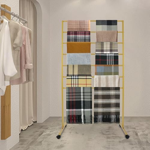 7 Tier Metal Display Rack with Wheels, Floor Standing Scarf Display Stand, Hijab Rack for Retail Stores, Towel, Belts, Ties, and Pants (Gold, 7 Tier) - Image 3