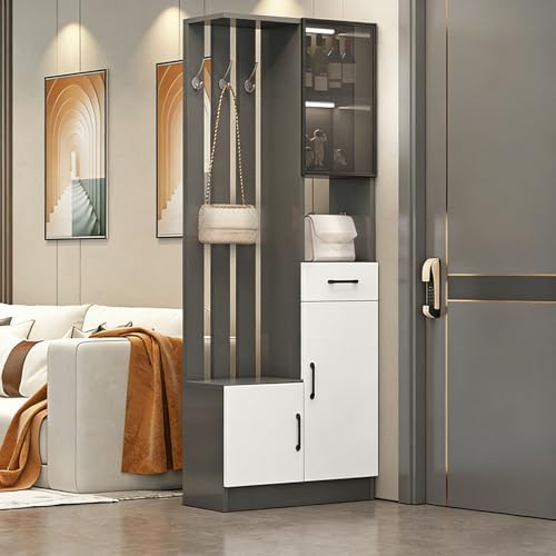 Wall Room Divider with Storage, 78.7" Tall Entryway Hall Tree Room Partition with Shoe Cabinet,Freestanding Wood Privacy Screen with Coat Rack, Bench & Glass Display(Gray+Left Side,80cm/31.5in) by Unknown