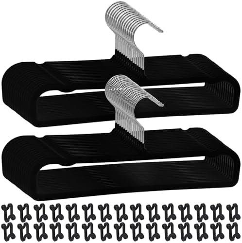 Pants Hangers Space Saving, 30 Pack Velvet Hangers for Closet with 30 Hooks, Strong Durable Non Slip Slim Clothes Hanger, Ultra Soft Flocked Hanger for Pants, Shirts, Bra, Shorts (Black) by Wensdr