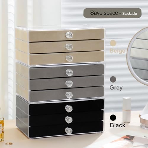 SPAKOWN Ring Box Display Holder, Clear Velvet Jewelry Storage Tray Organizer for Ring Stud Earring (Black - 3 Drawers) - Image 7
