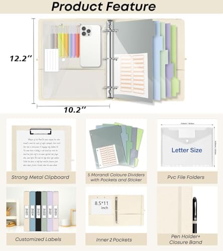 1 Inch 3 Ring Linen Binder Organizer, BVSSX Three Ring Binders with Clipboard, Plastic Folder, 5-Tabs Pocket Dividers with Sticker Labels, Pen Loop, Elastic Strap (Beige, Letter Size) - Image 2