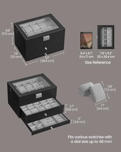 SONGMICS 20-Slot Watch Box, 3 Layers, Glass Lid, Lockable - Image 6
