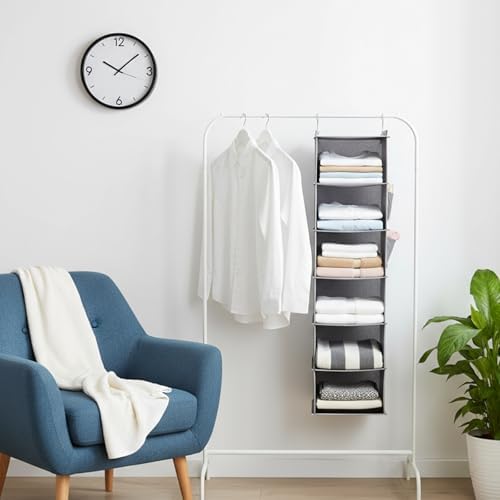 2 Pcs Hanging Closet Organizer, 6-Shelf Storage with 2 Side Pockets and Hooks, for Clothes Sweaters Shoes Accessories, Space-Saving for Dorm RV Small Closet, Grey - Image 2