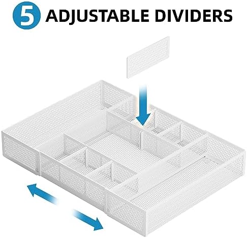 Marbrasse Expandable Desk Drawer Organizer, Mesh Drawer Organizer Tray with 10 Adjustable Compartments, Desk Organizers and Accessories, 5 Dividers Drawer for Office Supplies, Makeup & Vanity (White) - Image 3