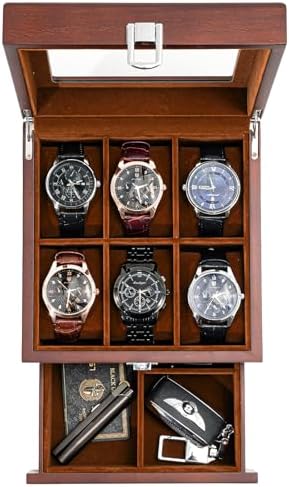ProCase 6 Slots Lacquered Finish Wooden Watch Box for Men, Men’s Watch Organizer with Glass Top, 2-Tier Display Case for Wristwatch Storage, Valentine’s Day Gift for Him, Father’s Day Gift -Espresso by ProCase