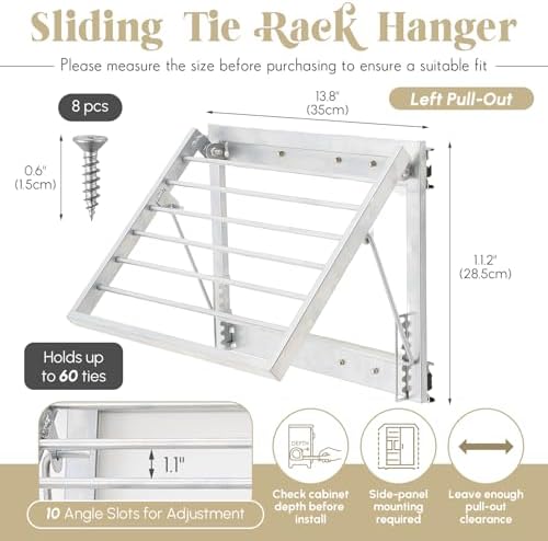 Blulu 13.8'' Sliding Tie Rack for Closet(Left Pull-Out), 60 Tie Pull Out Belt Hanger Wall Mounted Extending Metal Belt Organizer,Sliver - Image 2