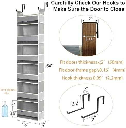 Over The Door Organizer 6-Shelves and 12 Side Pockets, Over The Door Storage for Bathroom Bedroom Nursery, Hanging Door Organizers for Baby Diapers and Kids Toys (13"x5"x54", Grey) - Image 2