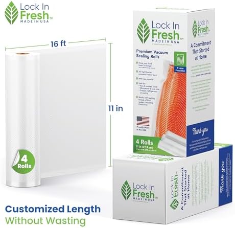 Vacuum Sealer Bags for Food - Heavy Duty Food Saver Vacuum Sealer Bag Rolls - Sous Vide, Seal a Meal Bags, 4-pack, 11" x 16' - Made in the USA - Image 4