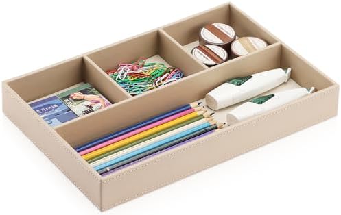 KINGFOM 4-Slot Leather Drawer Tray Desk Stationery Sundries Organizer Storage Box Pen Pencil Holder Case Container (Dark Beige) by KingfomLeatherHomeOfficeDecor
