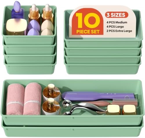 10 Pack Large Size Plastic Drawer Organizers Set, 3 Sizes Desk Drawer Organizer Trays, Storage Bins for Vanity, Makeup, Bathroom, Kitchen Utensils and Office (Green) by Unknown