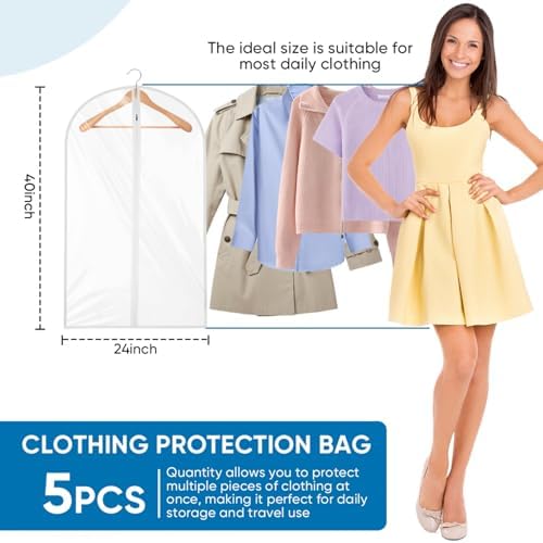 KISEER 5 Pack Clear Garment Bags for Hanging Clothes, 24 x 40 Inch Plastic Clothes Cover Bags with Zipper for Jackets Dresses Suits Coats Shirts - Image 2