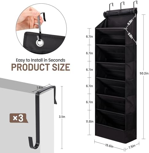 7 Tier Over the Door Shoe Organizer, Hanging Shoe Rack for Closet with Dustproof Mesh Curtain & 6 Side Pockets, Behind the Door Narrow Shoe Holder Hanger for Sneakers, Boots (Black) - Image 2